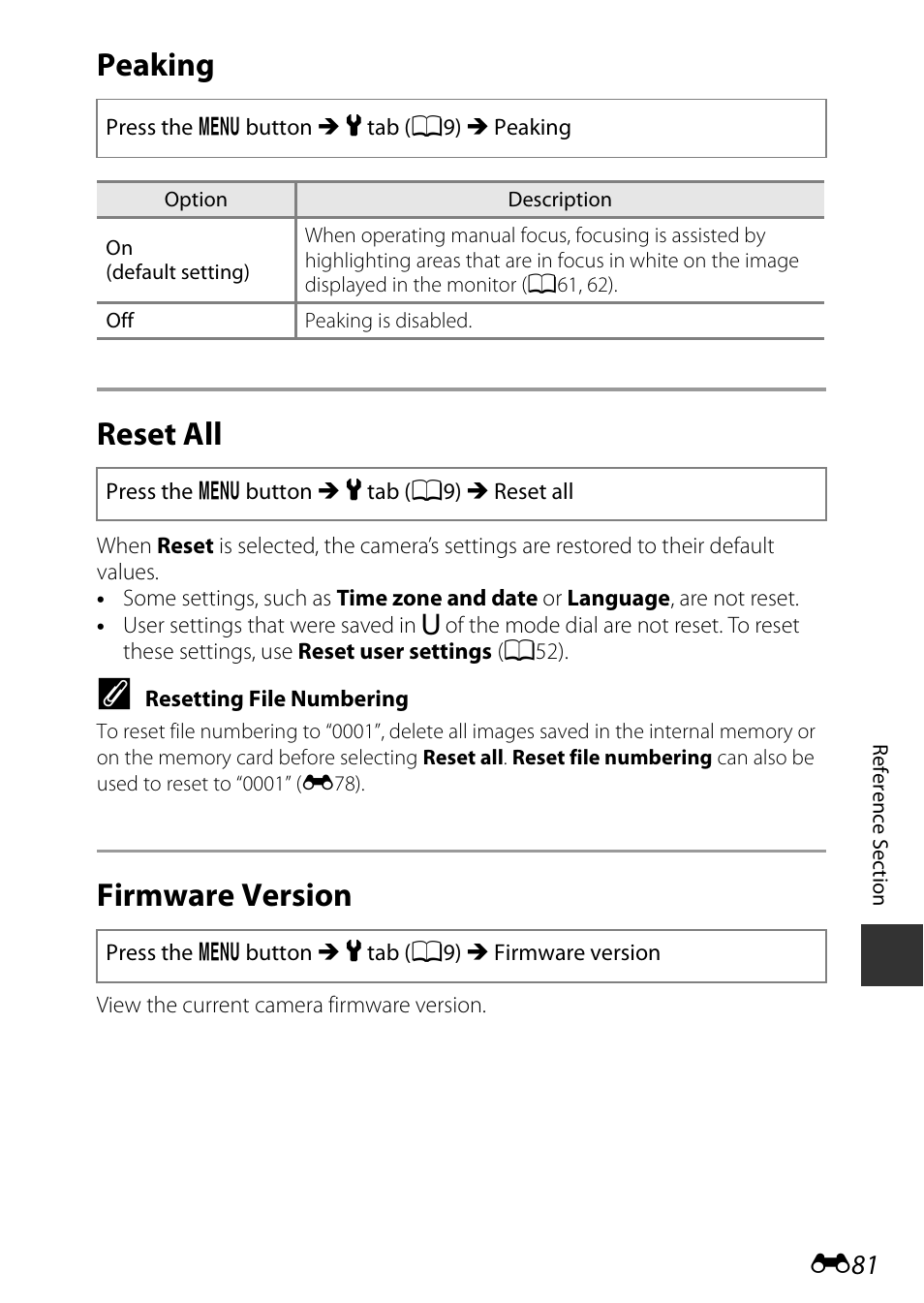 Peaking, Reset all, Firmware version | Peaking reset all | Nikon P340 User Manual | Page 205 / 240