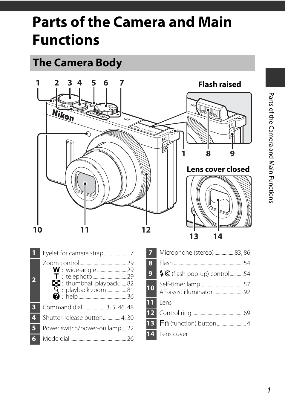 Parts of the camera and main functions, The camera body | Nikon P340 User Manual | Page 23 / 240