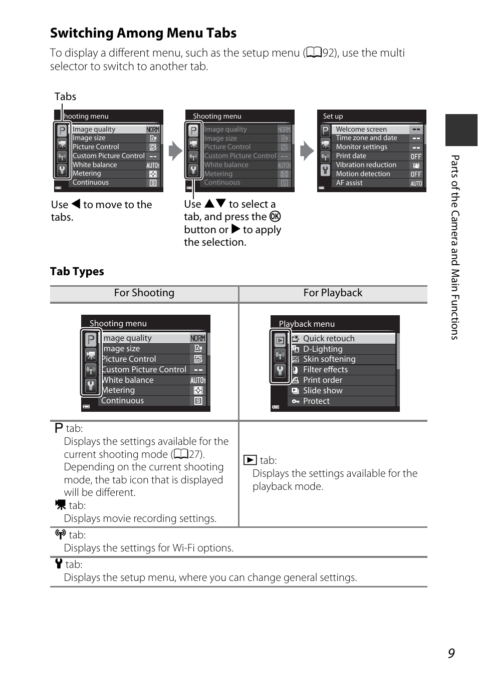 Switching among menu tabs | Nikon P340 User Manual | Page 31 / 240