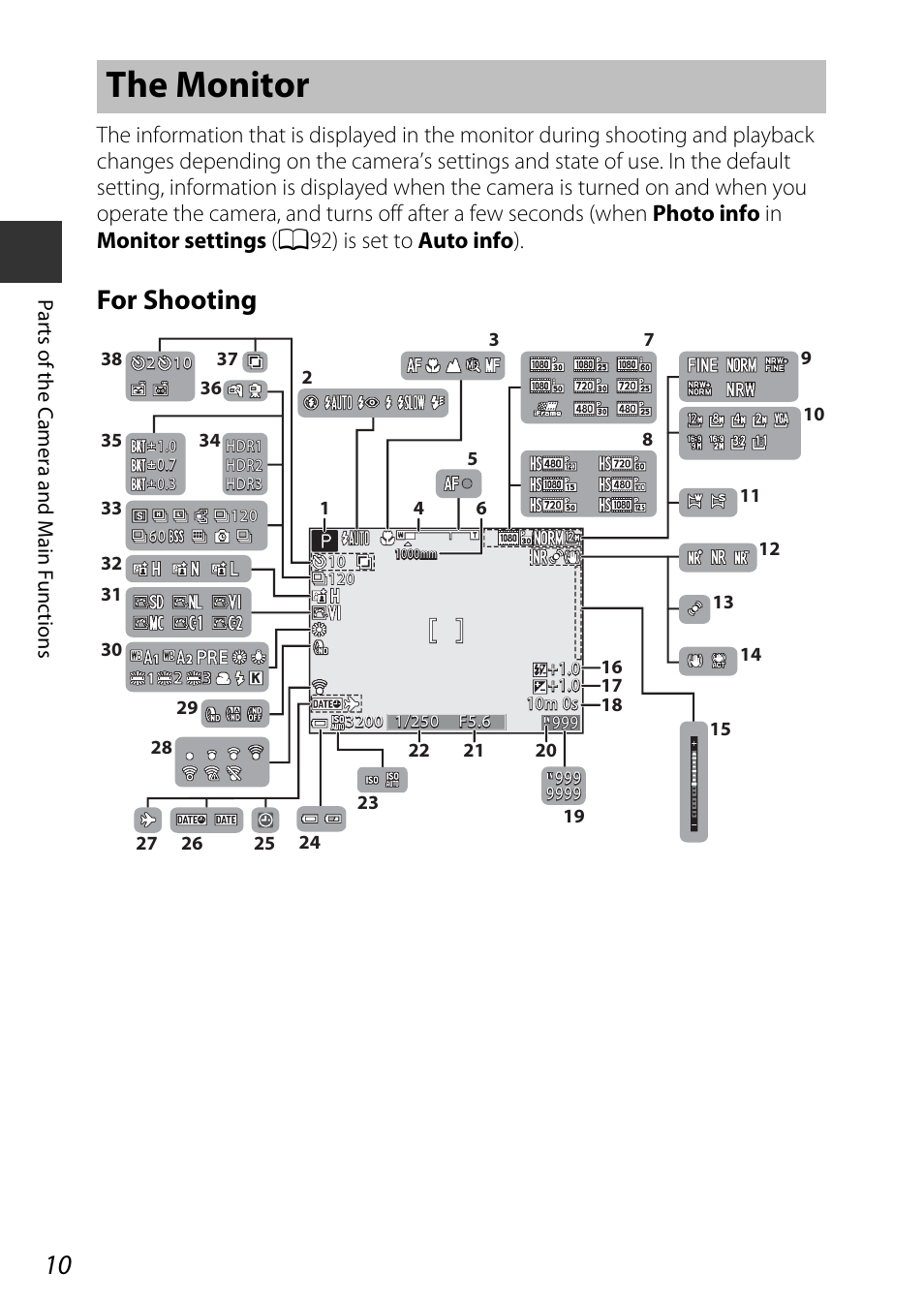 The monitor, For shooting | Nikon P340 User Manual | Page 32 / 240