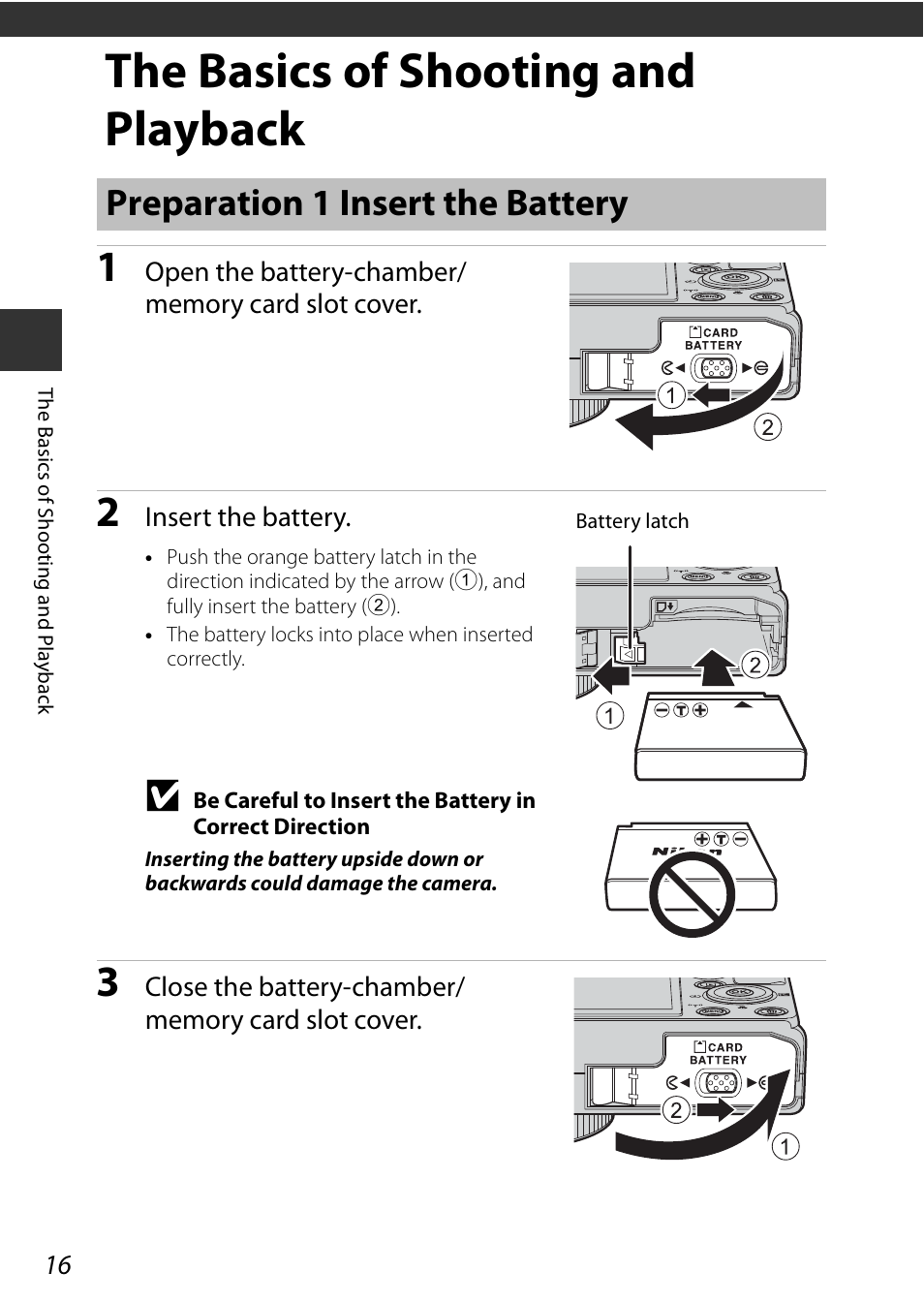 The basics of shooting and playback, Preparation 1 insert the battery, A16) | Nikon P340 User Manual | Page 38 / 240