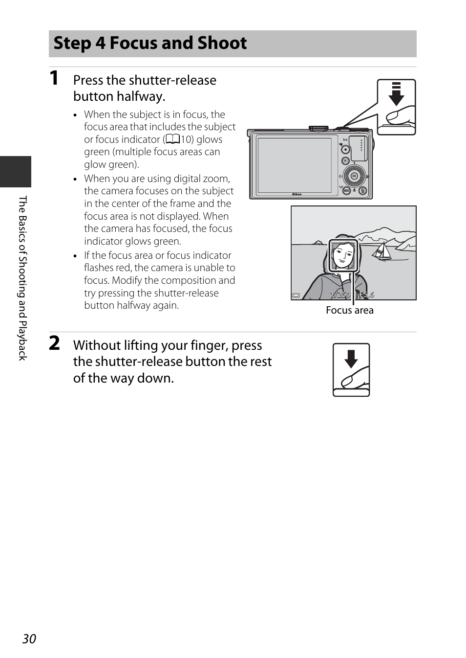 Step 4 focus and shoot, Press the shutter-release button halfway | Nikon P340 User Manual | Page 52 / 240