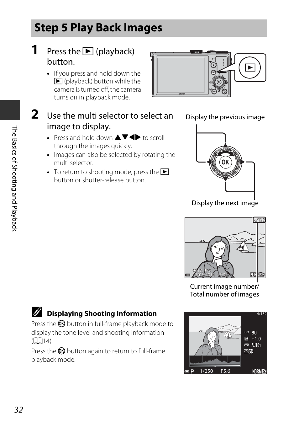 Step 5 play back images, A32), Press the c (playback) button | Nikon P340 User Manual | Page 54 / 240