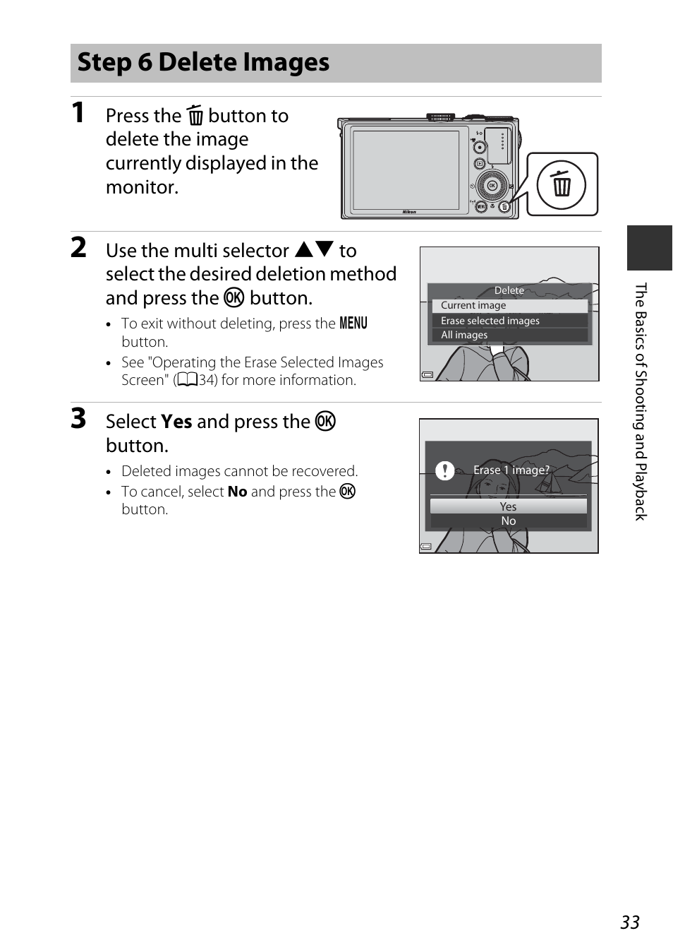 Step 6 delete images, Select yes and press the k button | Nikon P340 User Manual | Page 55 / 240