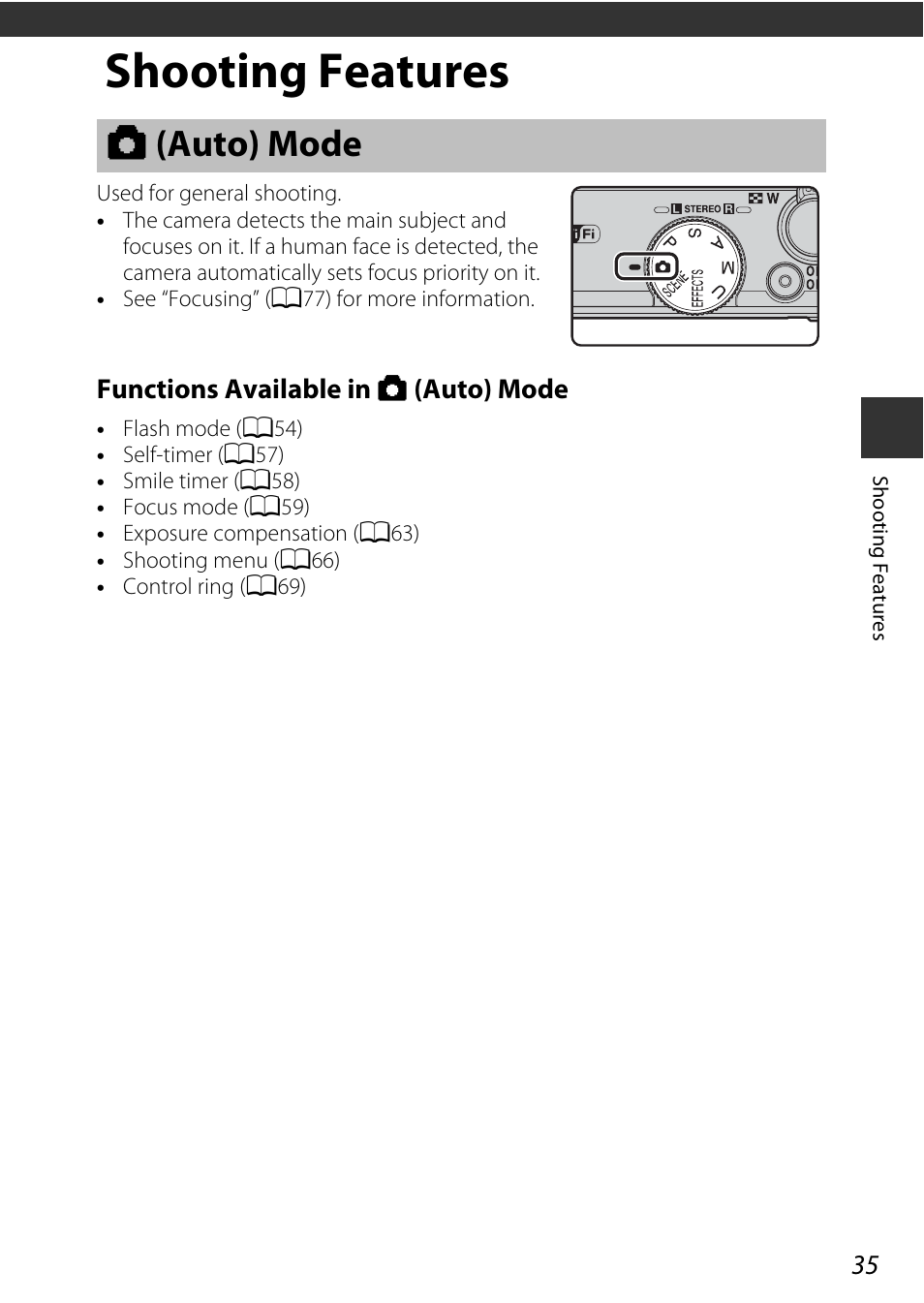 Shooting features, Auto mode, A (auto) mode | A35) | Nikon P340 User Manual | Page 57 / 240