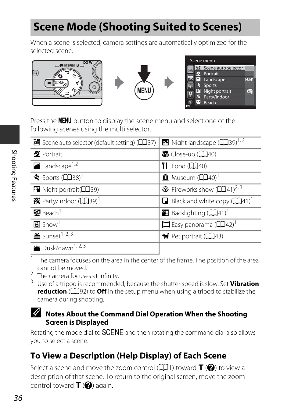Scene mode (shooting suited to scenes), A36) | Nikon P340 User Manual | Page 58 / 240