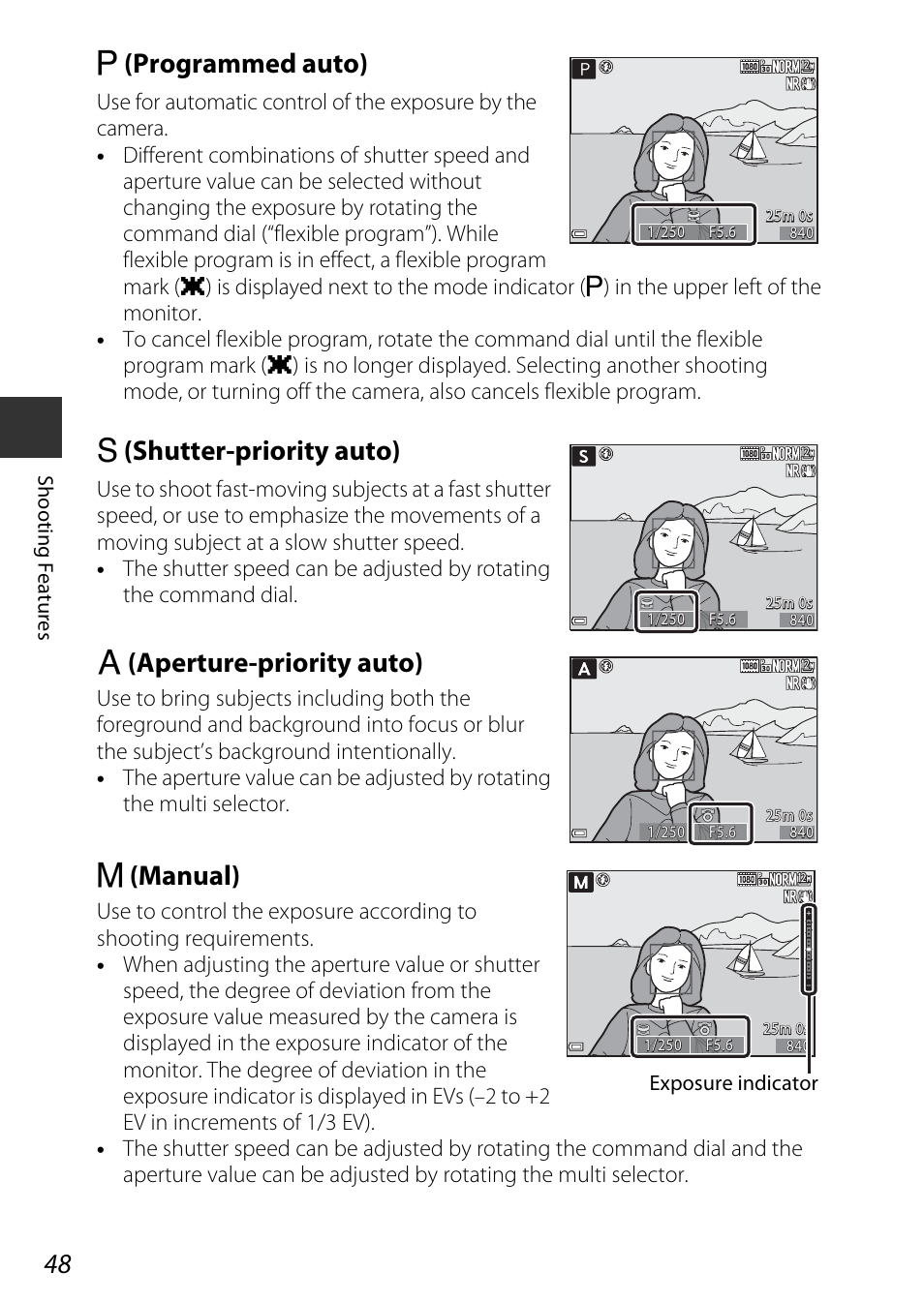 Auto, A48), A (programmed auto) | B (shutter-priority auto), C (aperture-priority auto), D (manual) | Nikon P340 User Manual | Page 70 / 240