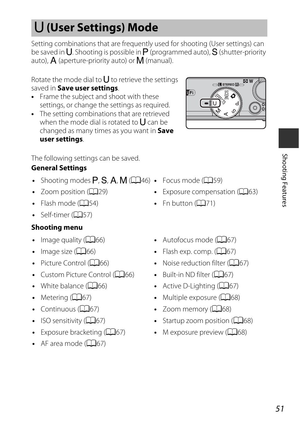 U (user settings) mode, I (user settings) mode, A51) | Nikon P340 User Manual | Page 73 / 240