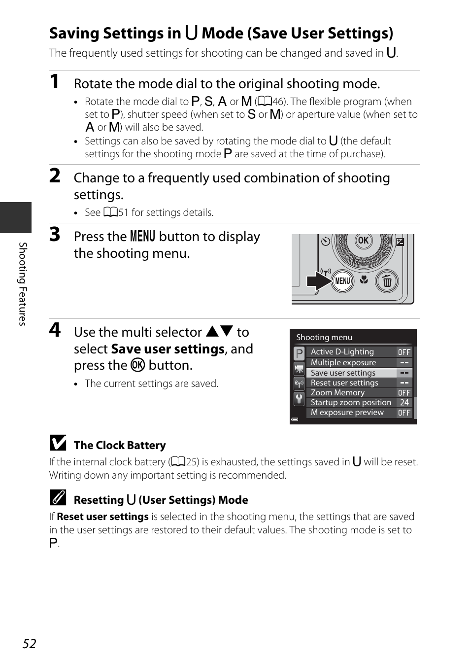 Saving settings in u mode (save user settings), Saving settings in, I mode (save user settings) | Saving settings in i mode (save user settings) | Nikon P340 User Manual | Page 74 / 240