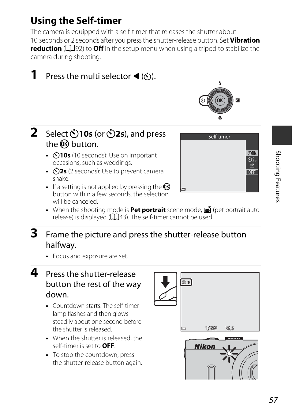 Using the self-timer, A57), Self-timer | Press the multi selector, Select n 10s (or n 2s ), and press the k button | Nikon P340 User Manual | Page 79 / 240
