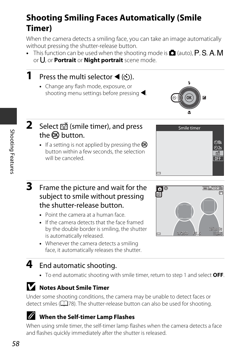 Shooting smiling faces automatically (smile timer), A58), Press the multi selector | Select a (smile timer), and press the k button, End automatic shooting | Nikon P340 User Manual | Page 80 / 240