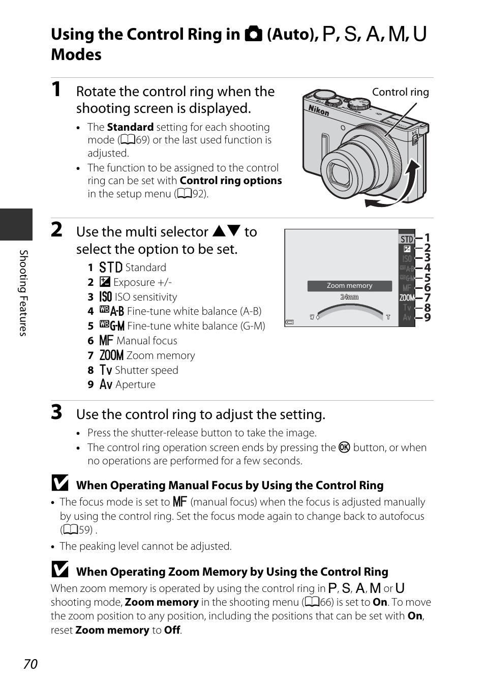 Using the control ring in a (auto), A, b, c, d, i modes, Use the control ring to adjust the setting | Nikon P340 User Manual | Page 92 / 240