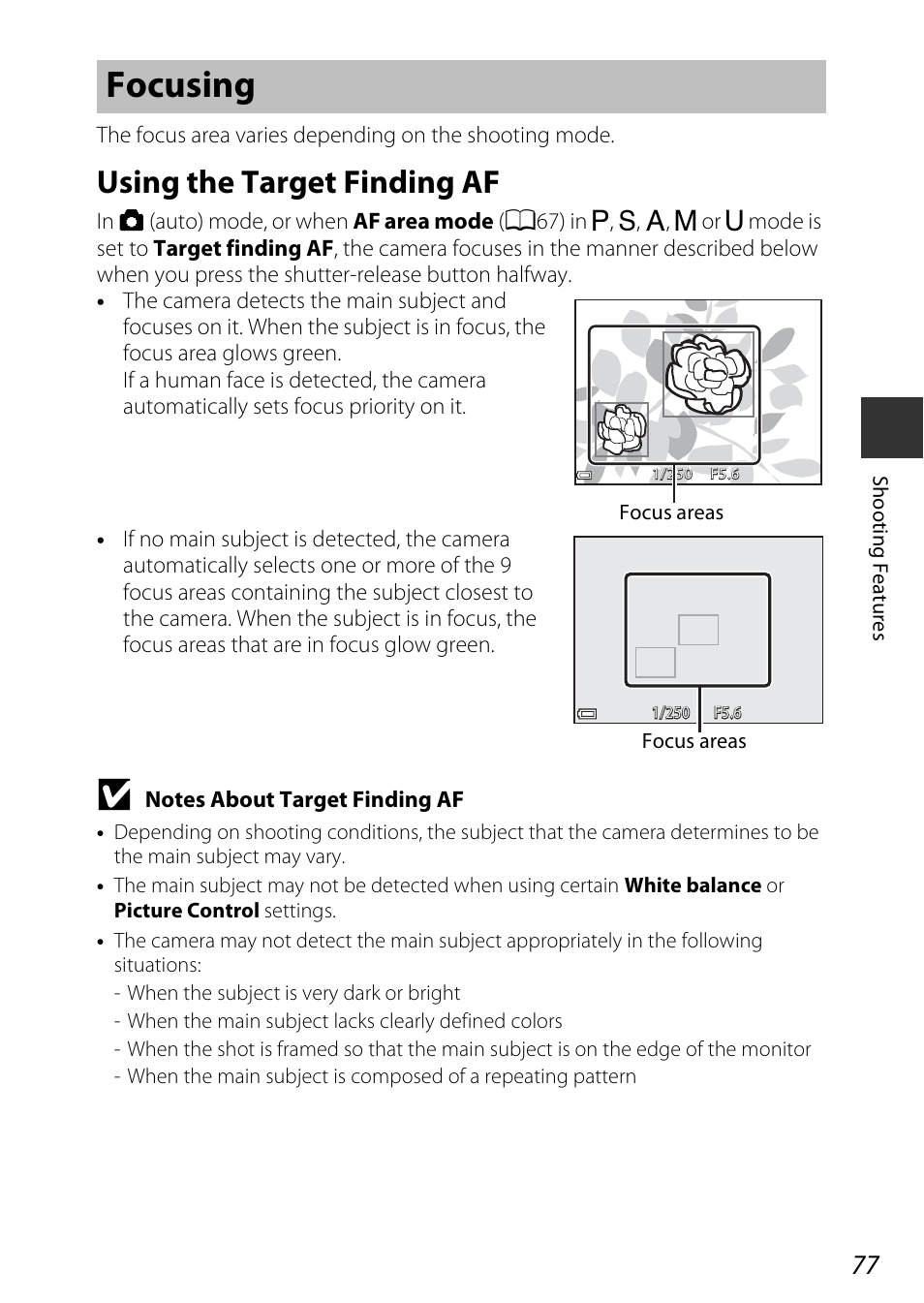 Focusing, Using the target finding af, See “focusing | A77) for | Nikon P340 User Manual | Page 99 / 240