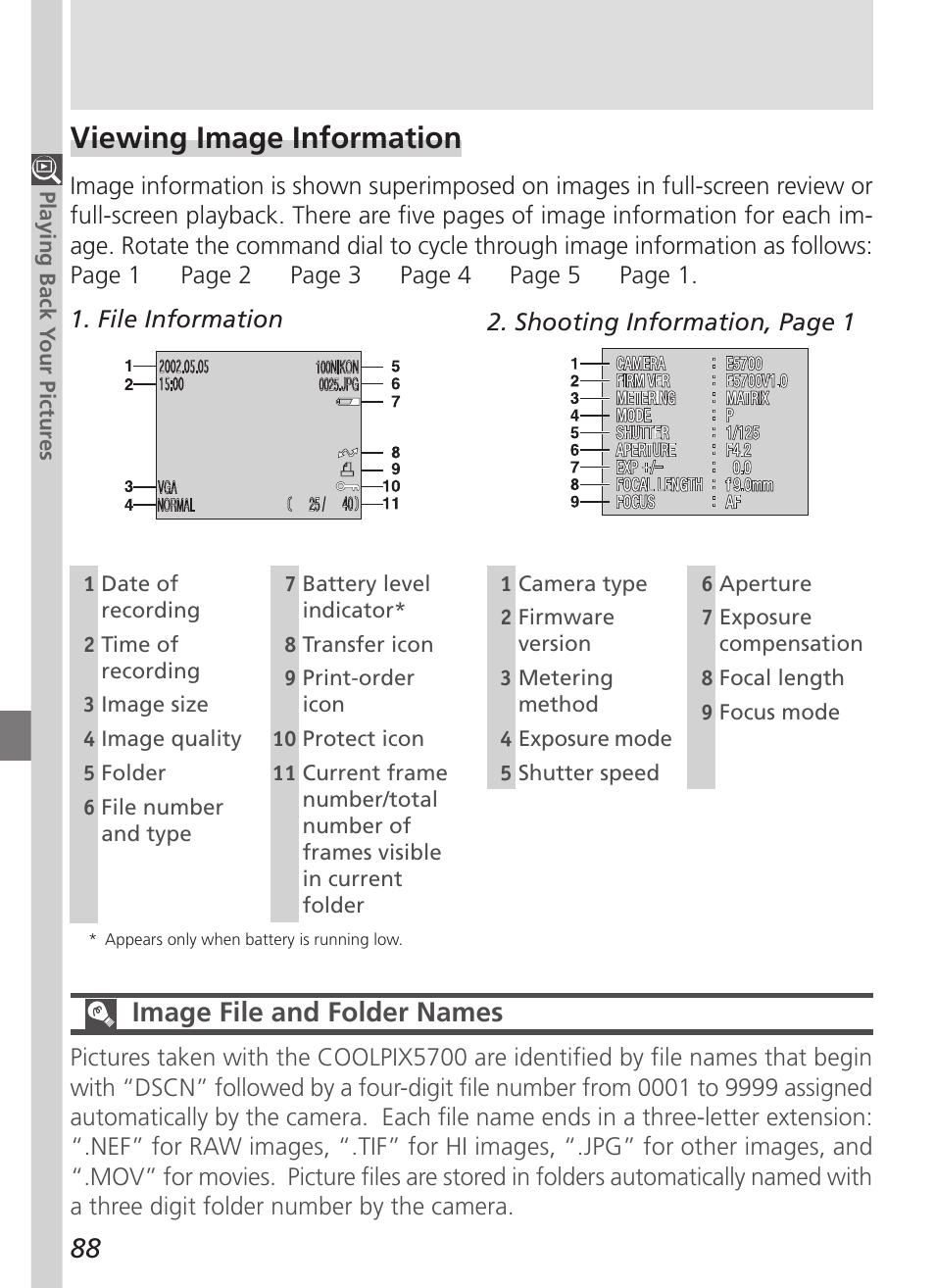 Viewing image information, Image file and folder names | Nikon 5700 User Manual | Page 100 / 192