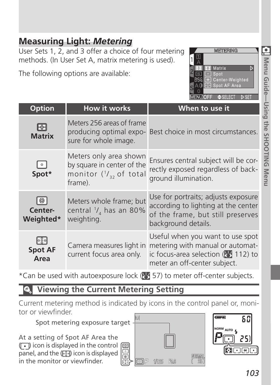 Measuring light: metering, Viewing the current metering setting | Nikon 5700 User Manual | Page 115 / 192