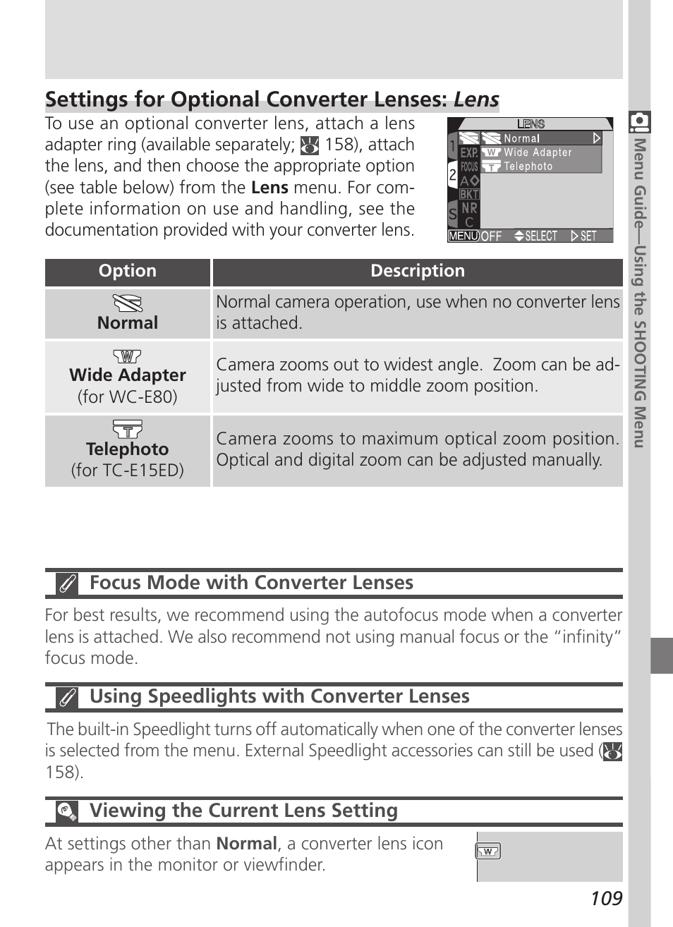 Settings for optional converter lenses: lens | Nikon 5700 User Manual | Page 121 / 192