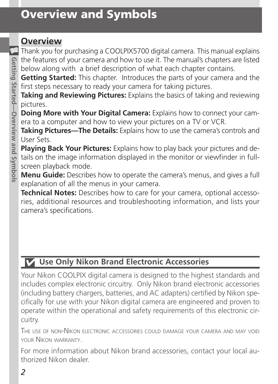 Overview and symbols, Overview, Use only nikon brand electronic accessories | Nikon 5700 User Manual | Page 14 / 192