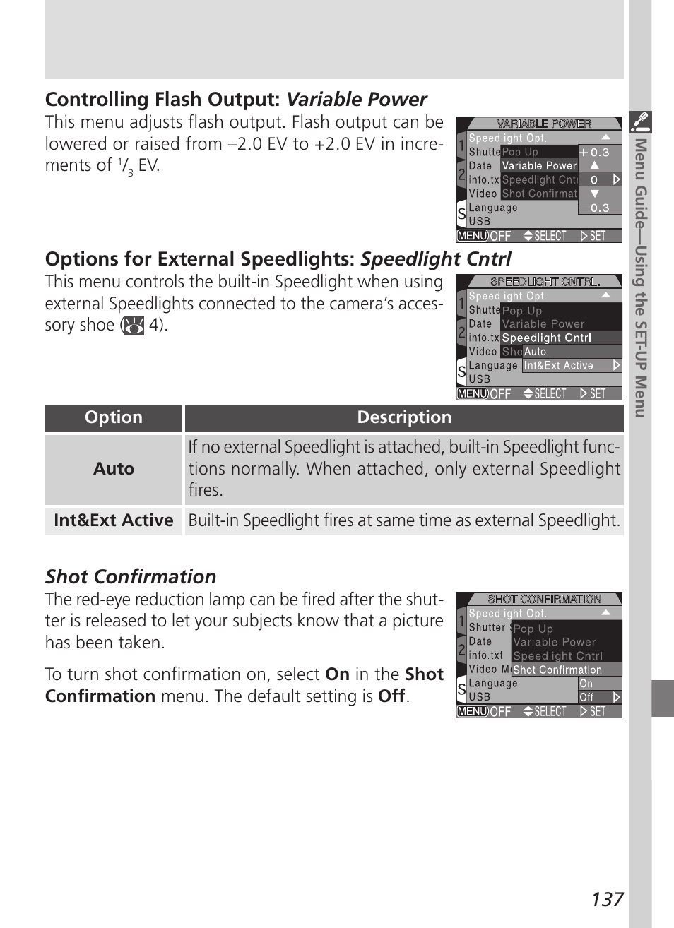 137 controlling flash output: variable power, Options for external speedlights: speedlight cntrl, Shot confirmation | Nikon 5700 User Manual | Page 149 / 192