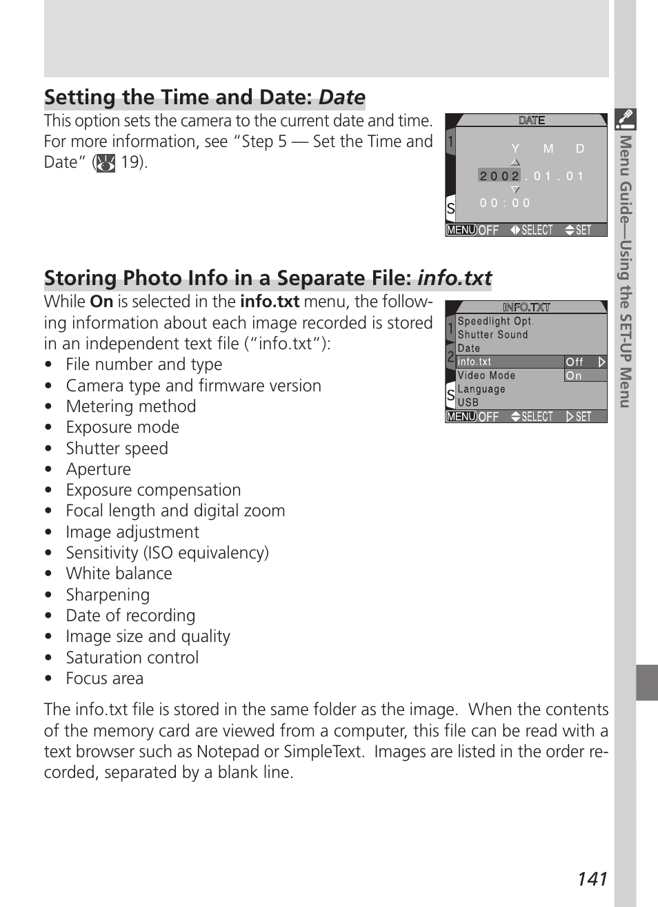 Storing photo info in a separate file: info.txt, Setting the time and date: date | Nikon 5700 User Manual | Page 153 / 192