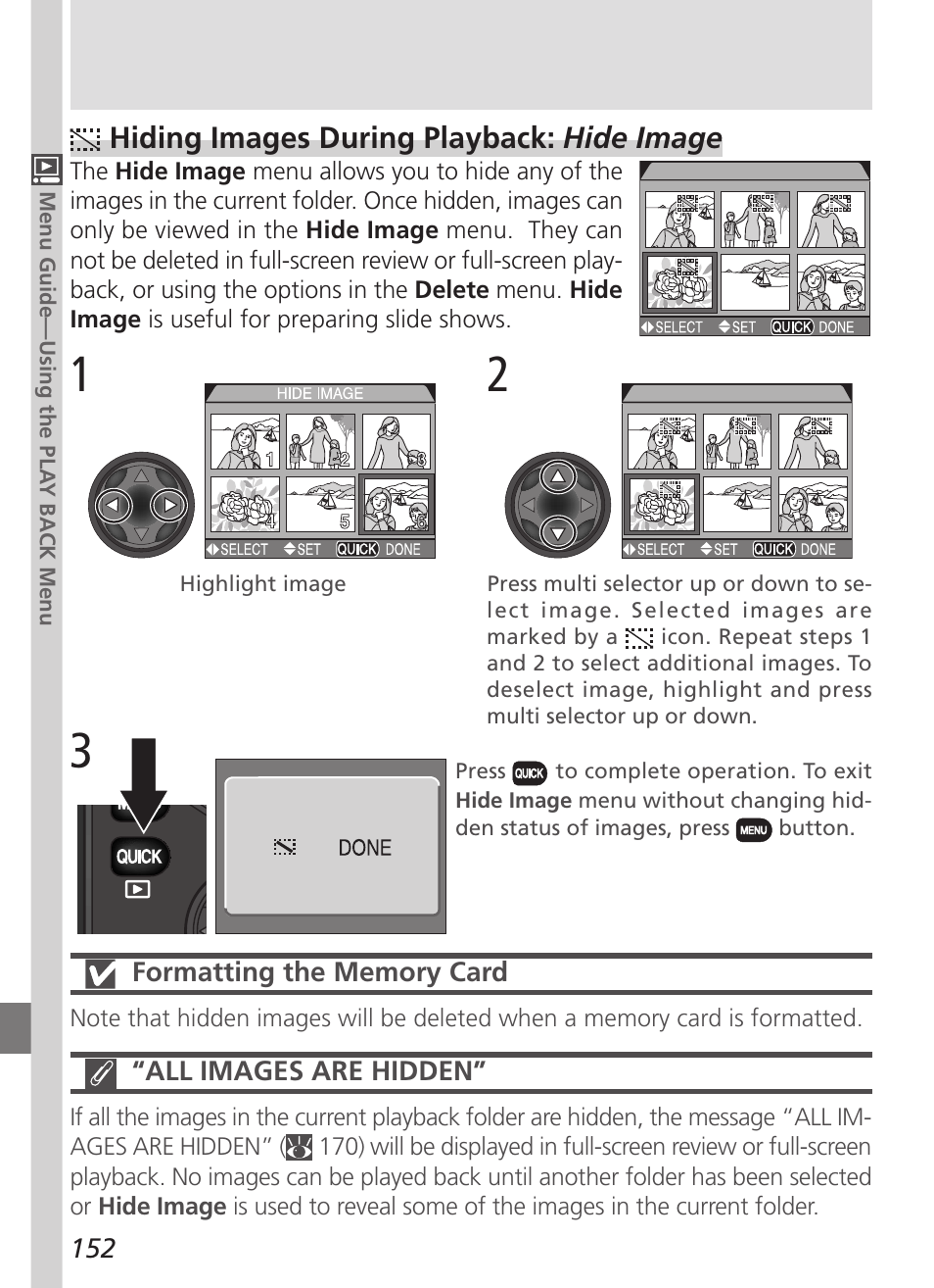 Hiding images during playback: hide image, All images are hidden | Nikon 5700 User Manual | Page 164 / 192