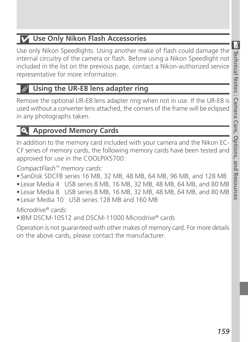 159 use only nikon flash accessories, Using the ur-e8 lens adapter ring | Nikon 5700 User Manual | Page 171 / 192