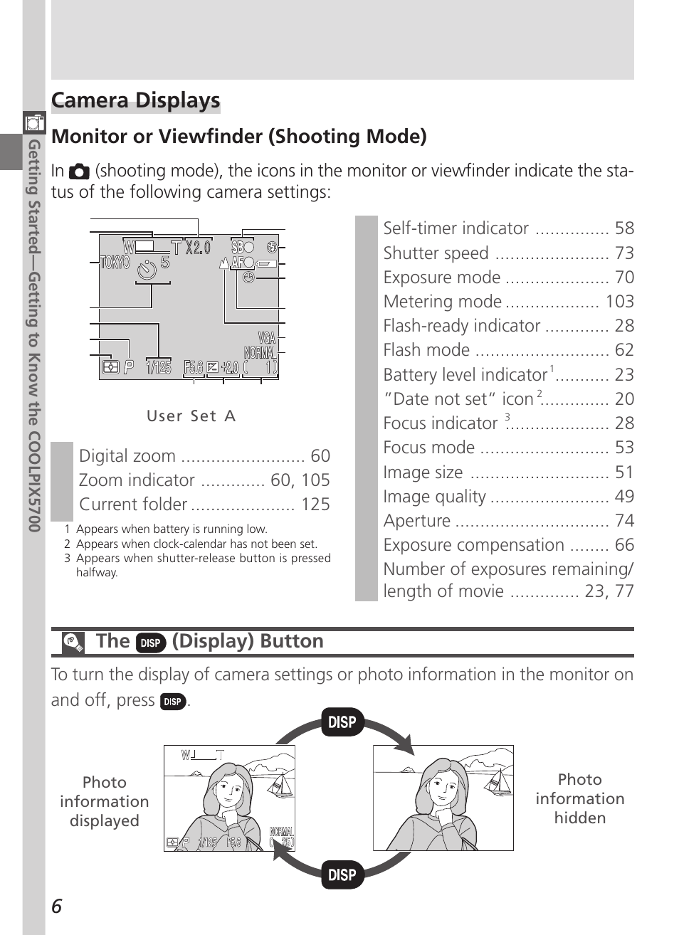 Camera displays, Monitor or viewfinder (shooting mode), The (display) button | Nikon 5700 User Manual | Page 18 / 192