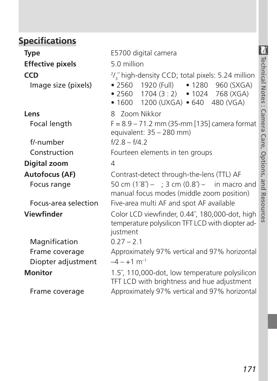 Specifications | Nikon 5700 User Manual | Page 183 / 192