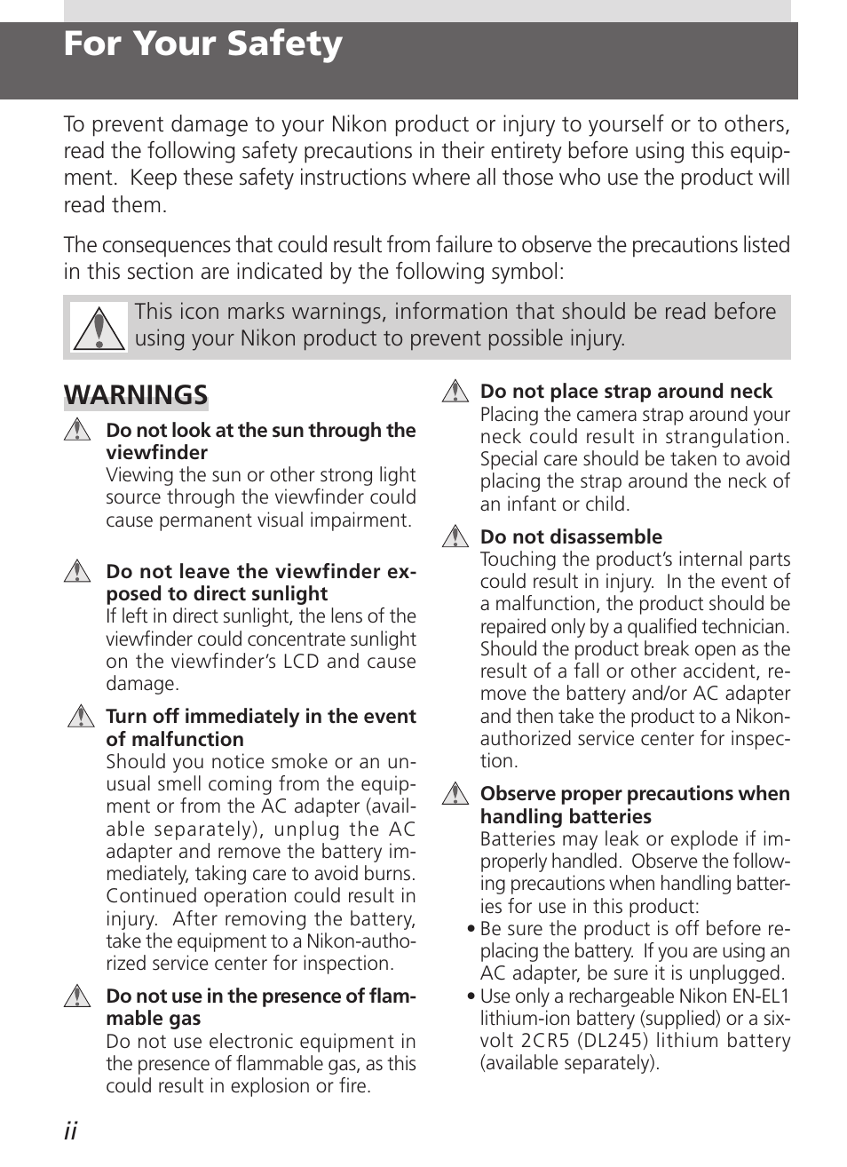 For your safety, Warnings | Nikon 5700 User Manual | Page 4 / 192