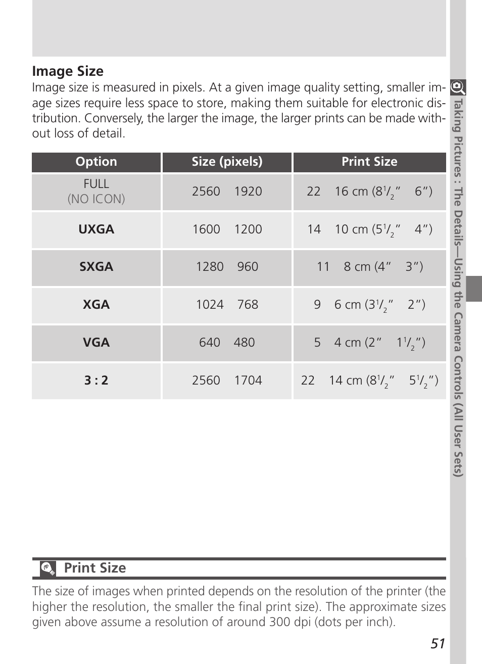 51 image size, Print size | Nikon 5700 User Manual | Page 63 / 192