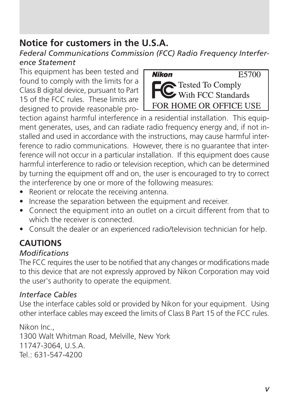 Notice for customers in the u.s.a | Nikon 5700 User Manual | Page 7 / 192