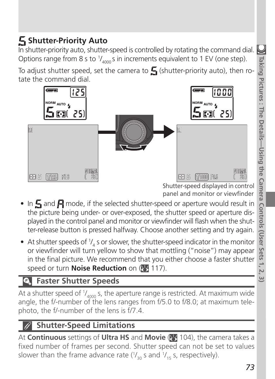 73 shutter-priority auto, Faster shutter speeds, Shutter-speed limitations | Nikon 5700 User Manual | Page 85 / 192