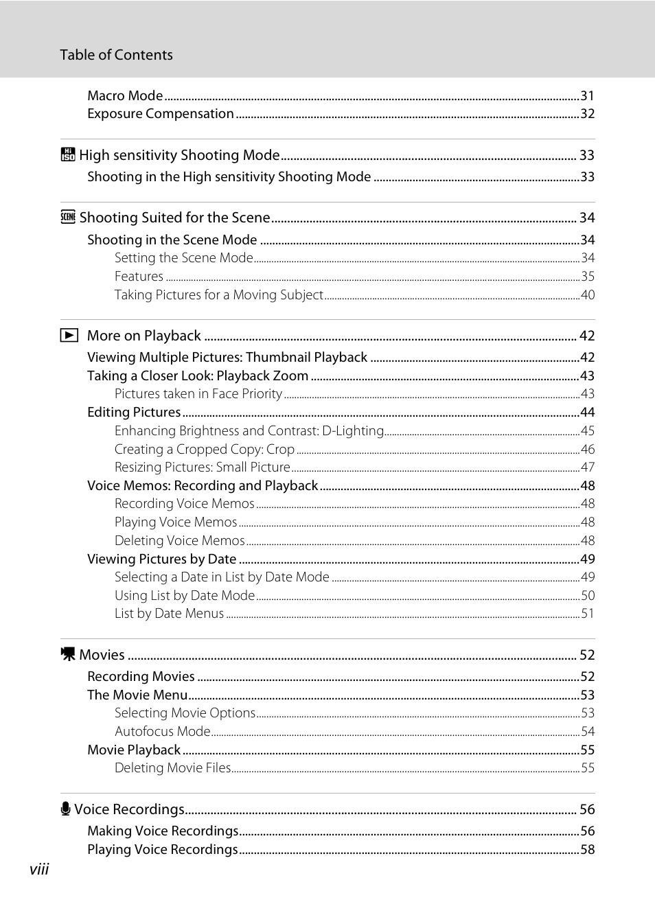 Viii | Nikon S600 User Manual | Page 10 / 144