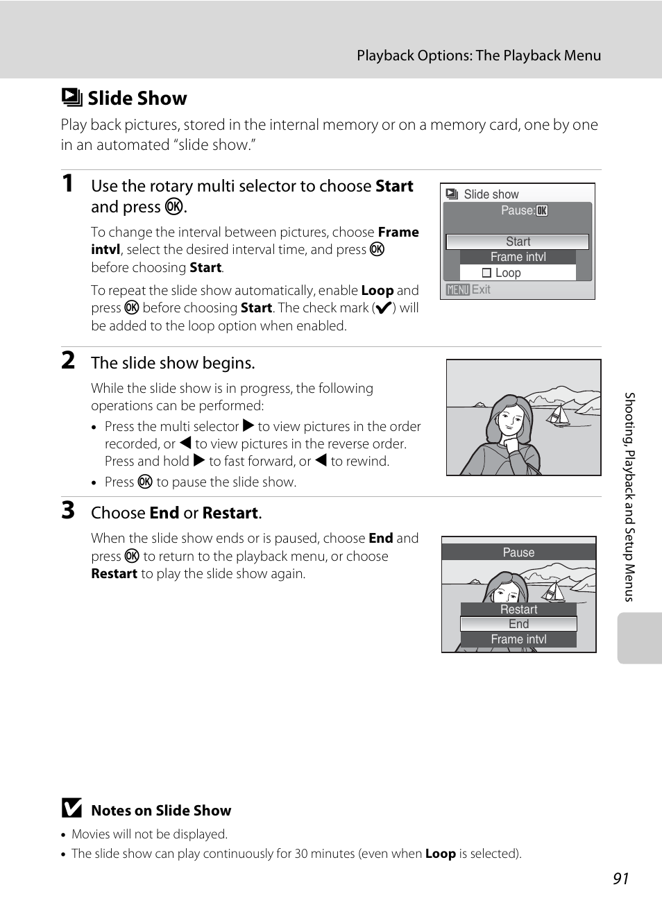 Slide show, B slide show, A 91 | The slide show begins, Choose end or restart | Nikon S600 User Manual | Page 103 / 144