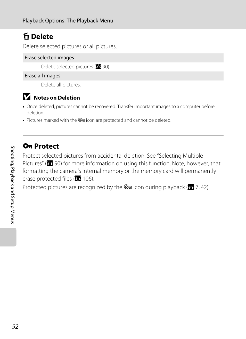 Delete, Protect, C delete d protect | A 92, A 92), C delete, D protect | Nikon S600 User Manual | Page 104 / 144