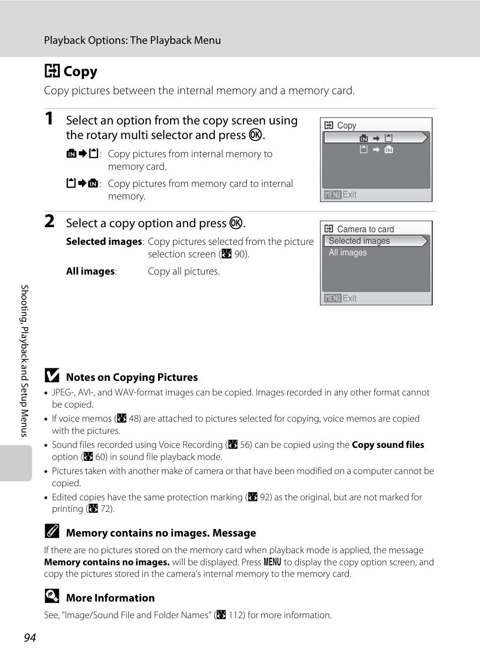 Copy, H copy, A 94 | A 94), Select a copy option and press k | Nikon S600 User Manual | Page 106 / 144