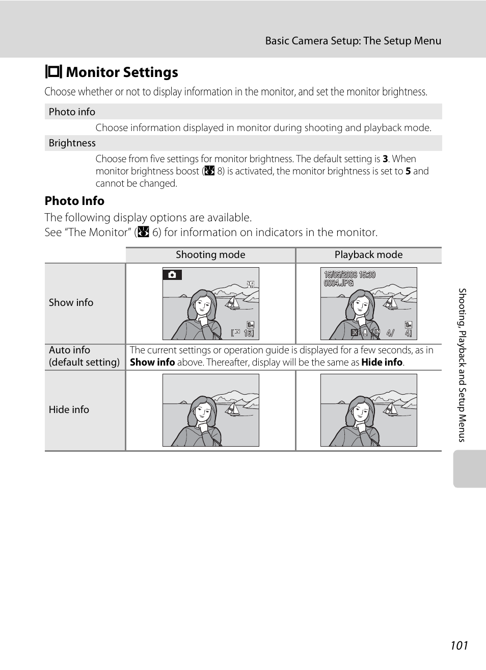 Monitor settings, E monitor settings, A 101) | A 101, Photo info | Nikon S600 User Manual | Page 113 / 144