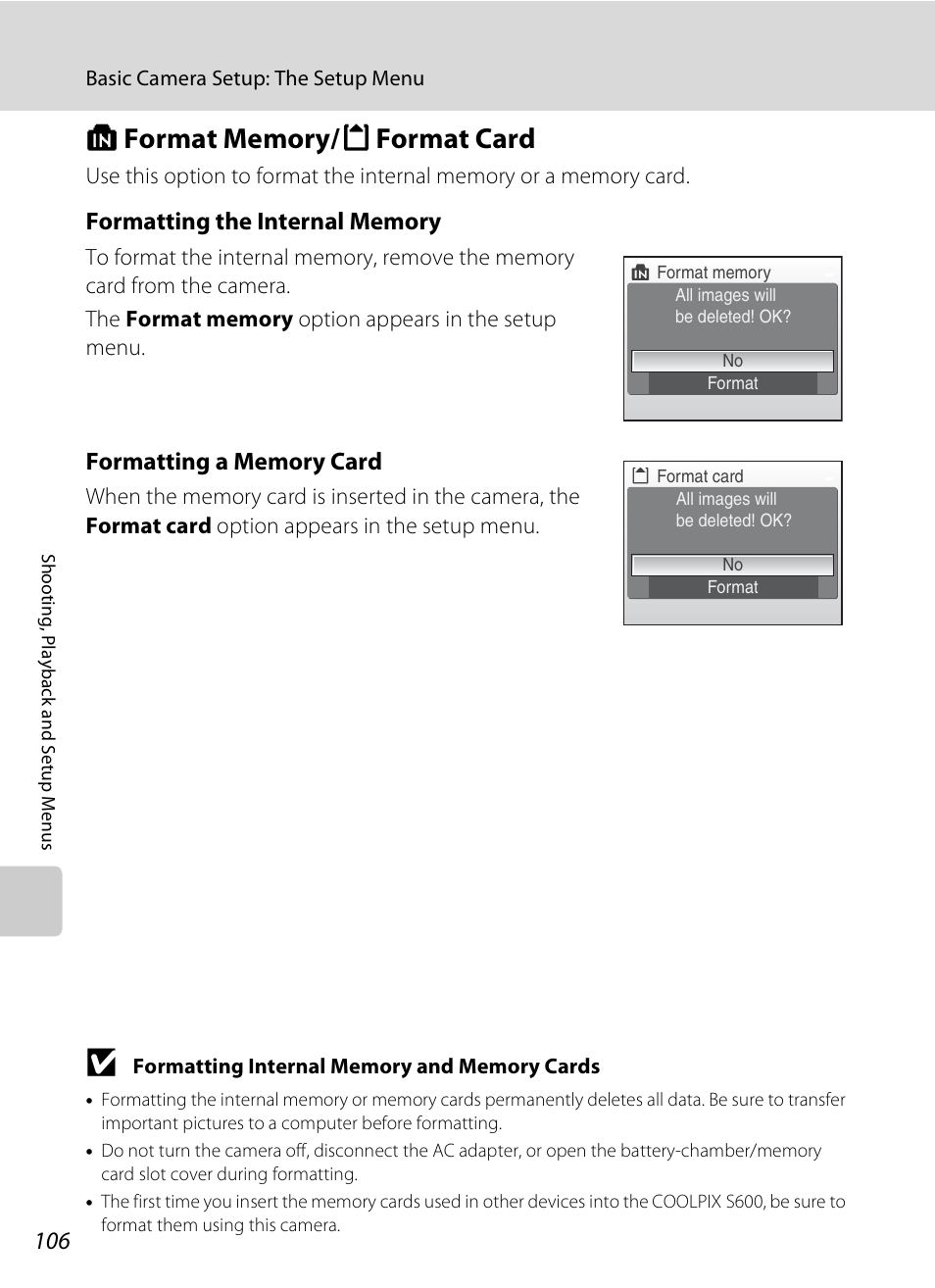 Format memory/format card, L format memory/m format card, A 106) | A 106 | Nikon S600 User Manual | Page 118 / 144