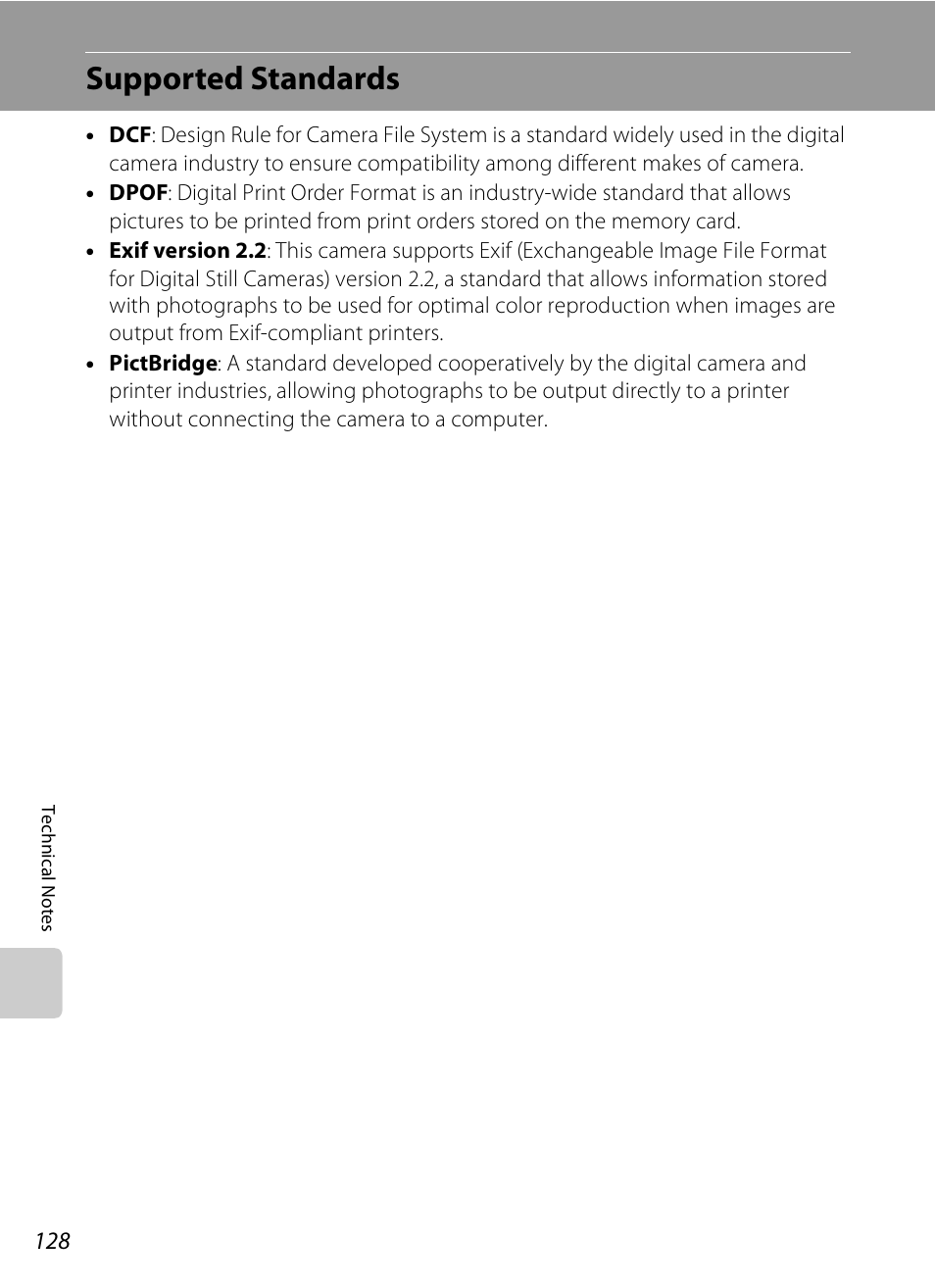 Supported standards, A 128 | Nikon S600 User Manual | Page 140 / 144