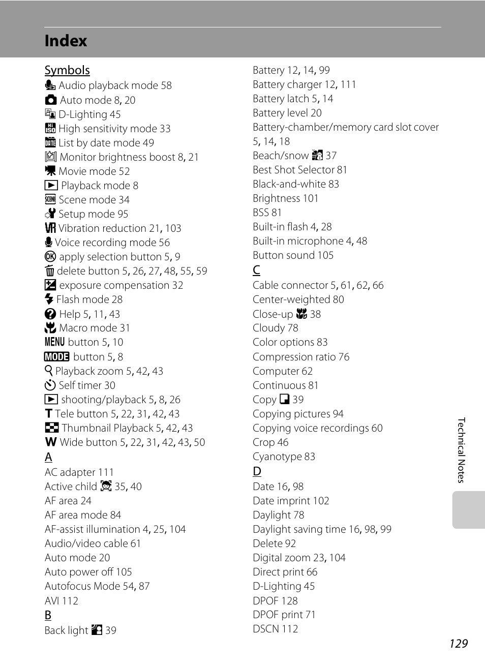 Index | Nikon S600 User Manual | Page 141 / 144