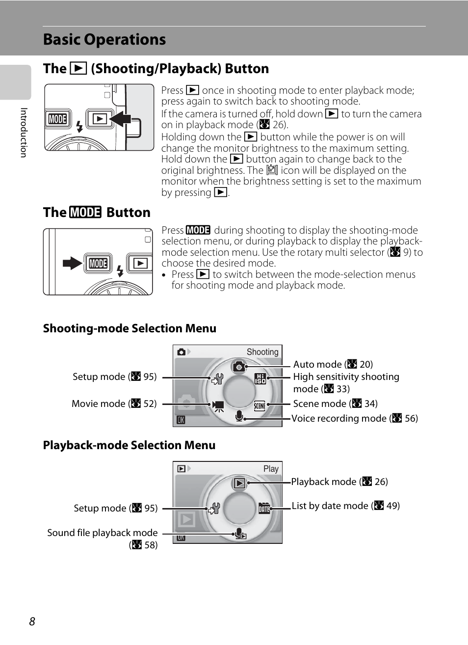 Basic operations, The shooting/playback button, The mode button | C (shooting/playback) button, E button, The c (shooting/playback) button the e button | Nikon S600 User Manual | Page 20 / 144