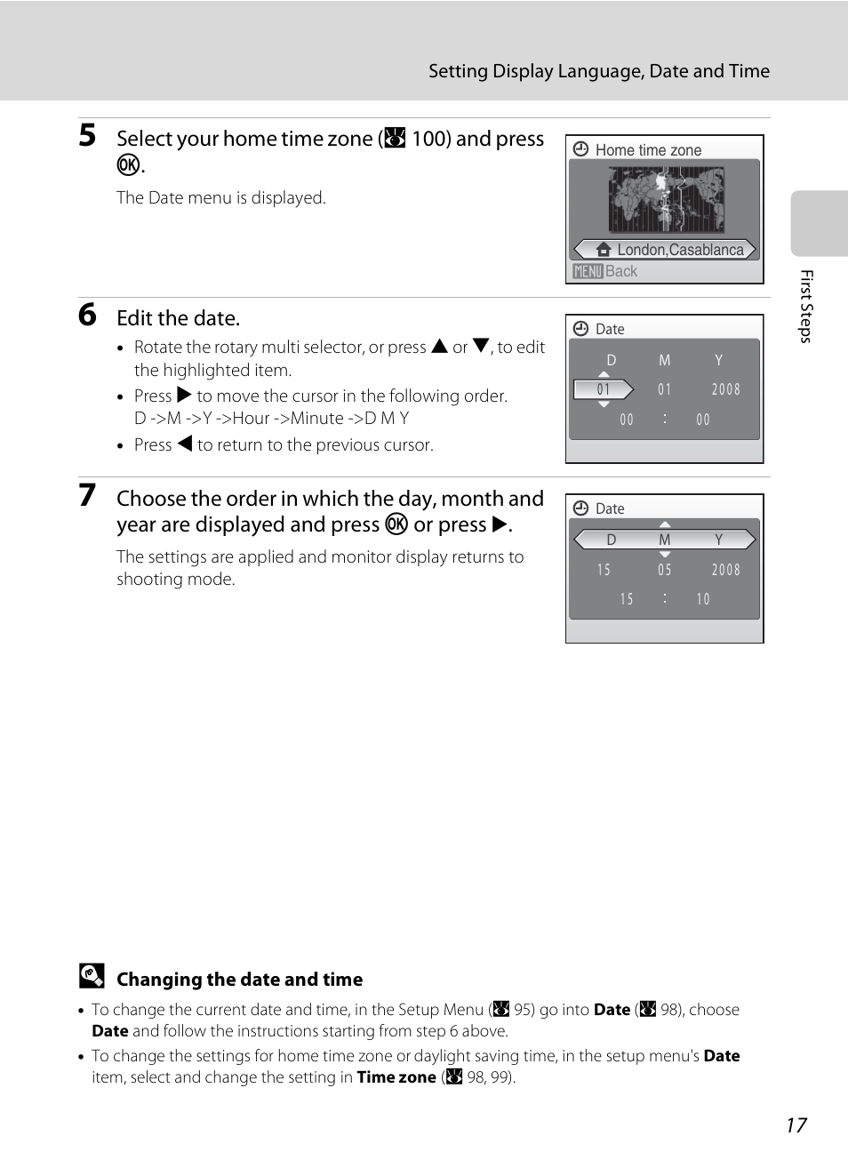 Select your home time zone ( a 100) and press k, Edit the date | Nikon S600 User Manual | Page 29 / 144