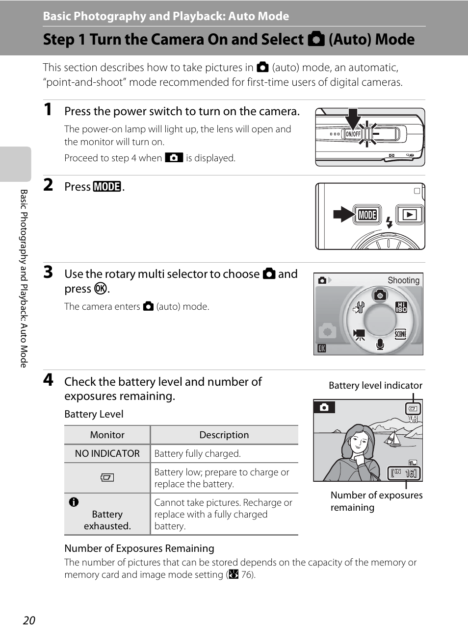 Basic photography and playback: auto mode, Step 1 turn the camera on and select auto mode, A basic photography and playback: auto mode | Step 1 turn the camera on and select a (auto) mode, A 20) | Nikon S600 User Manual | Page 32 / 144