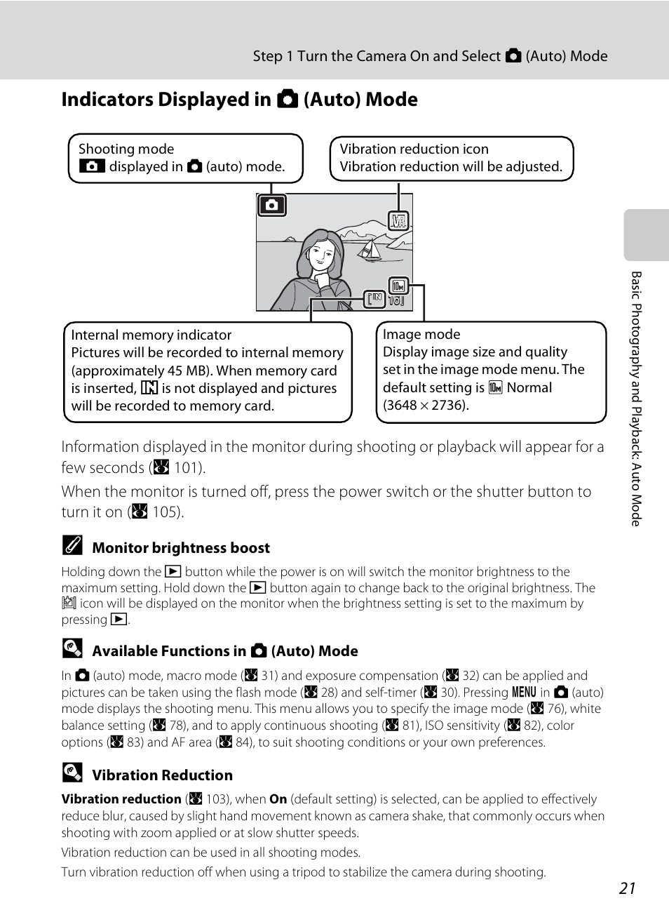 Indicators displayed in auto mode, Indicators displayed in a (auto) mode | Nikon S600 User Manual | Page 33 / 144