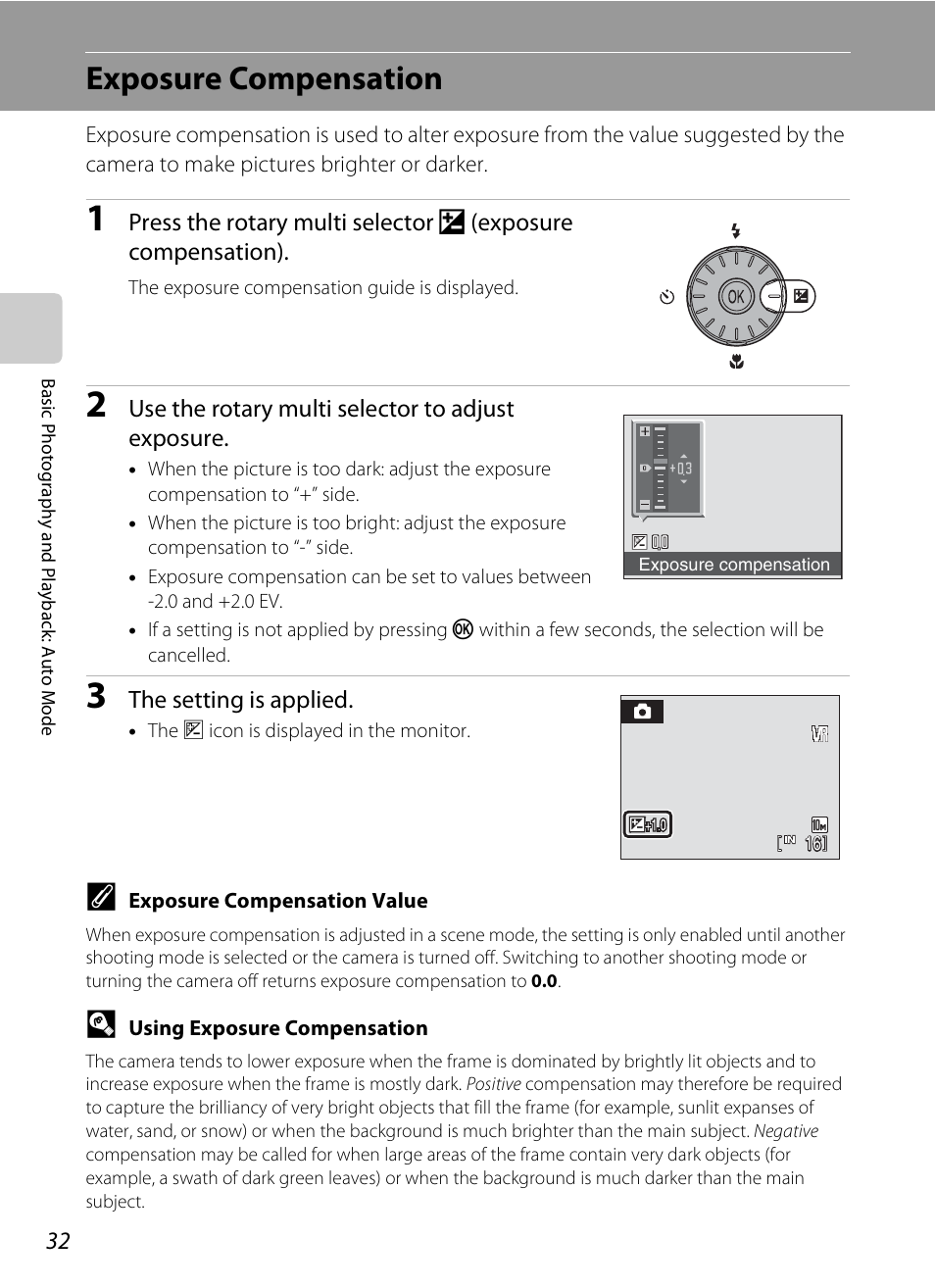 Exposure compensation, A 32) me, A 32) | Nikon S600 User Manual | Page 44 / 144