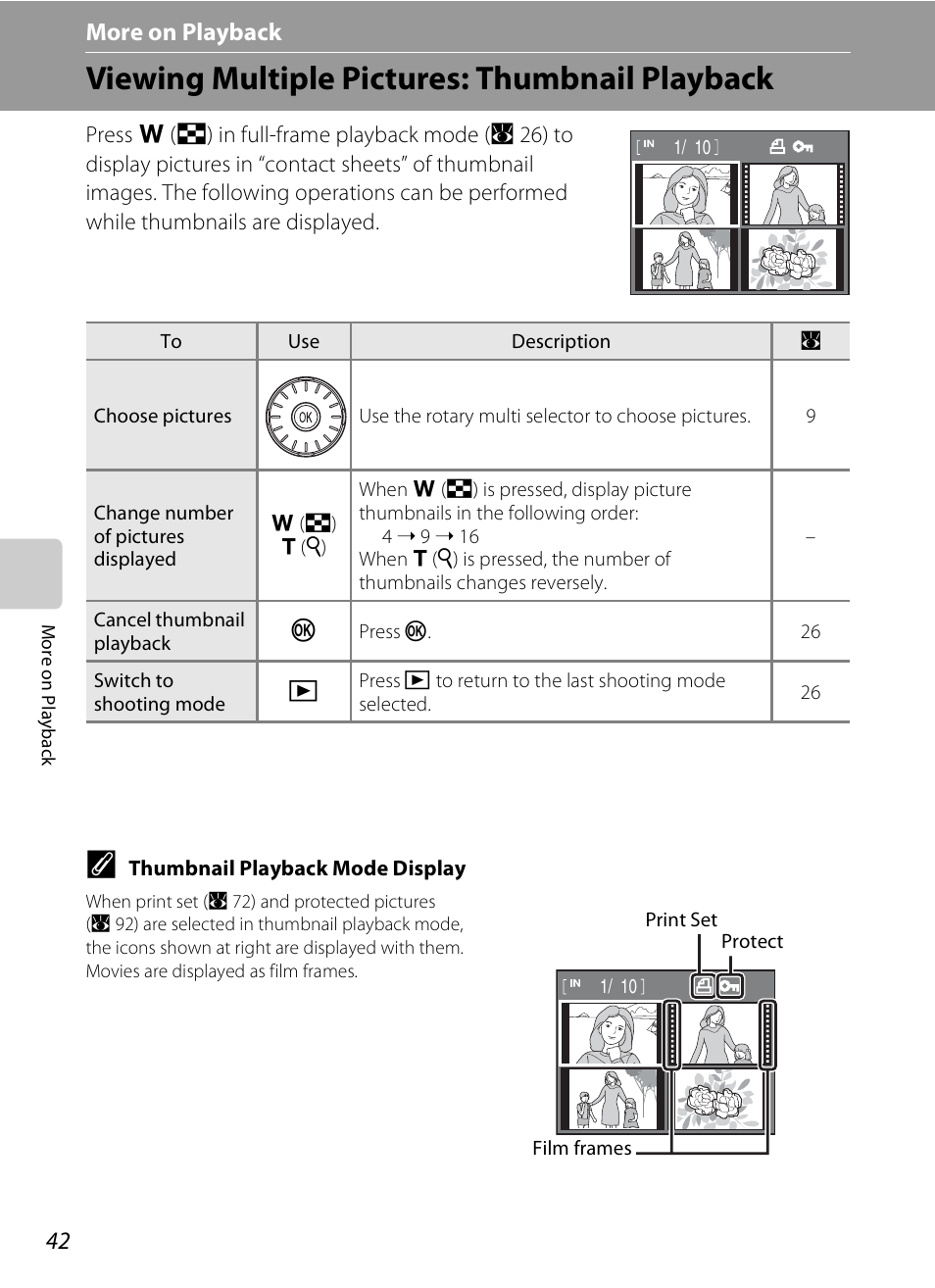 More on playback, Viewing multiple pictures: thumbnail playback, C more on playback | Nikon S600 User Manual | Page 54 / 144