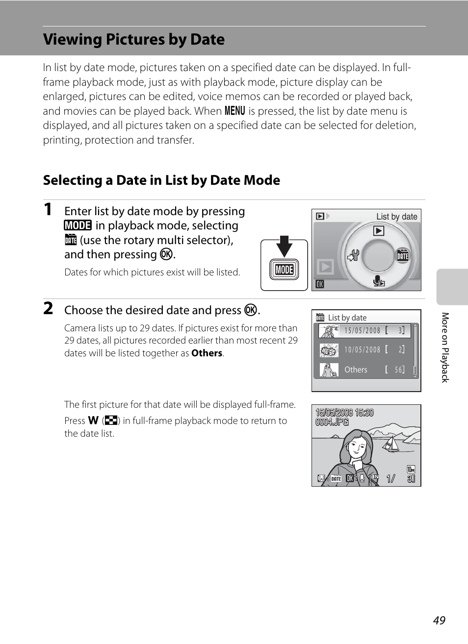 Viewing pictures by date, Selecting a date in list by date mode, A 49) | Choose the desired date and press k | Nikon S600 User Manual | Page 61 / 144