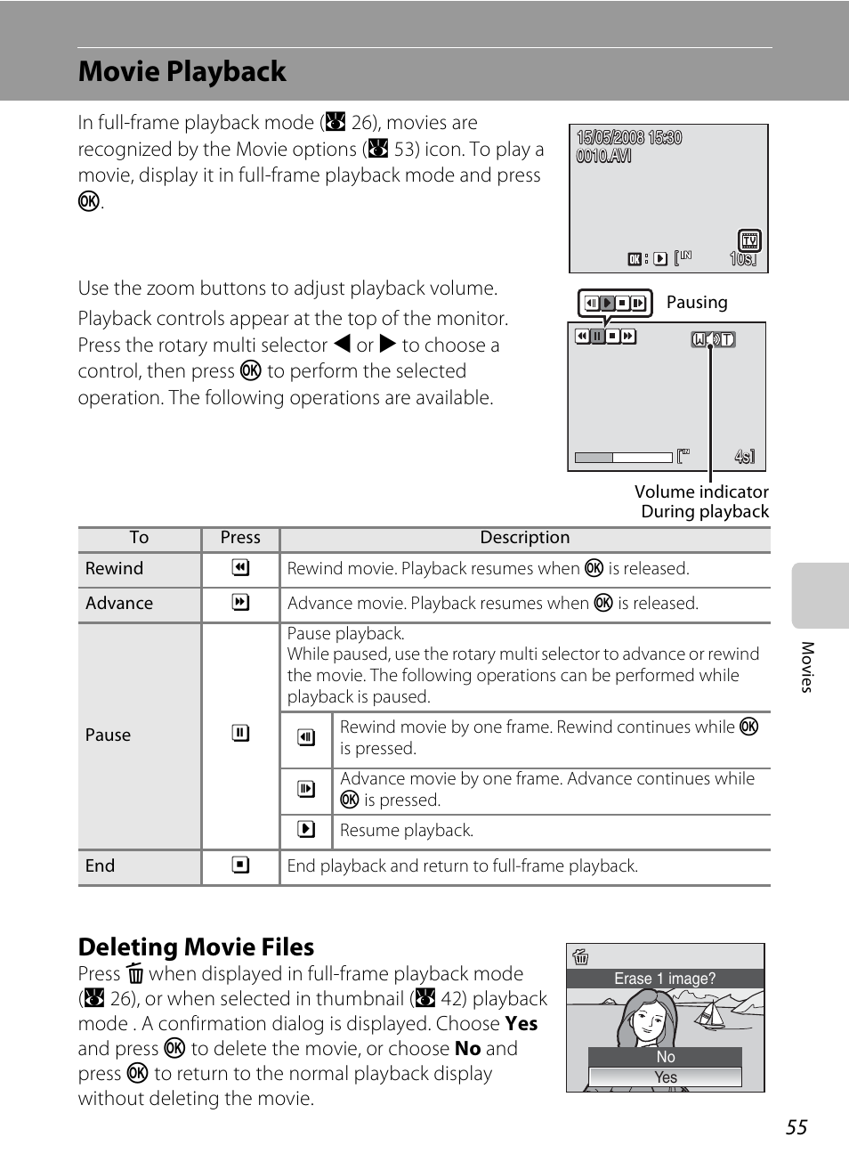 Movie playback, Deleting movie files | Nikon S600 User Manual | Page 67 / 144