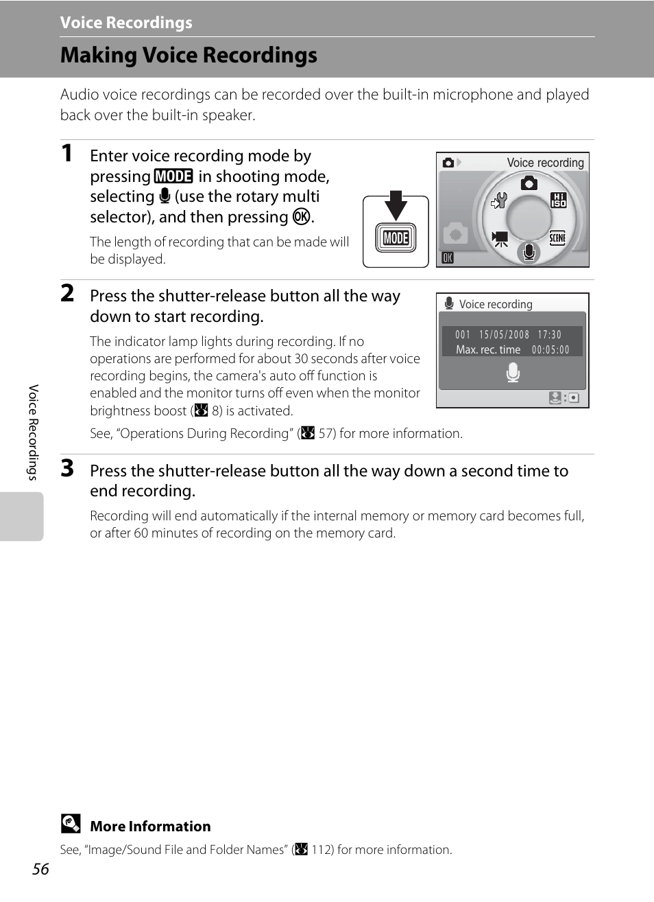 Voice recordings, Making voice recordings, E voice recordings | A 56) | Nikon S600 User Manual | Page 68 / 144