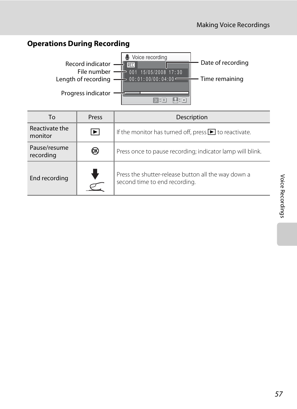 Operations during recording, A 57) | Nikon S600 User Manual | Page 69 / 144