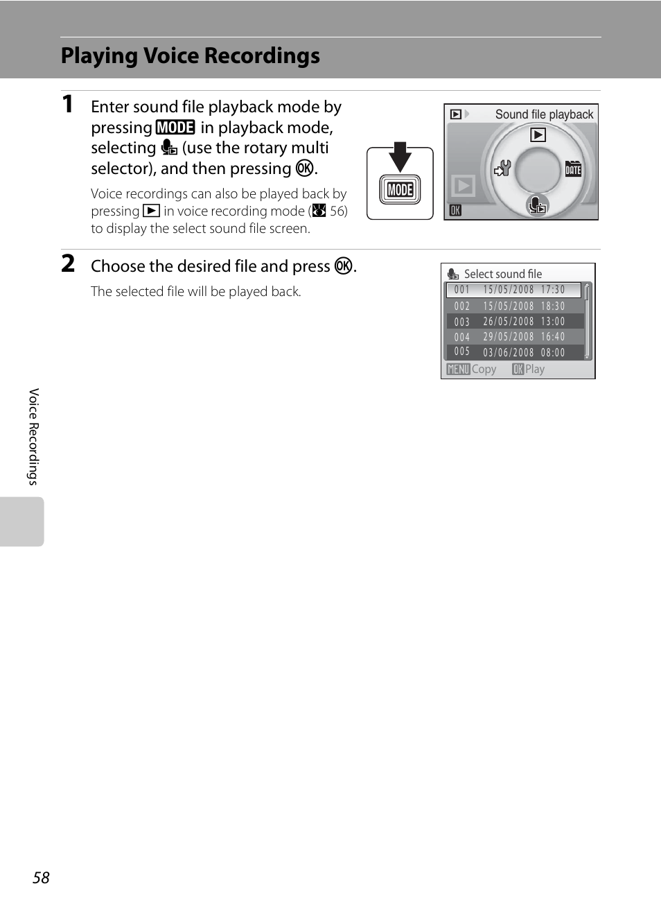Playing voice recordings, A 58), A 58), s | Nikon S600 User Manual | Page 70 / 144